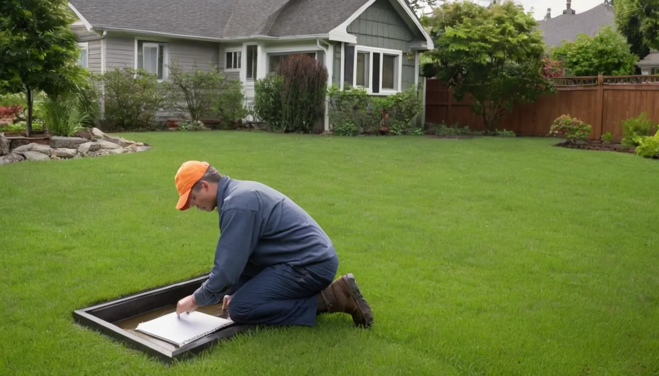 Septic provider inspecting an open tank lid in a residential yard in the Minnetrista area