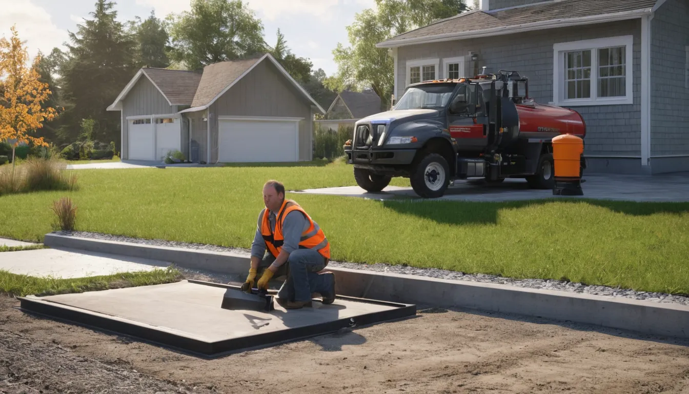 A septic pumping truck parked beside a Minnetrista home while a provider checks the tank lid