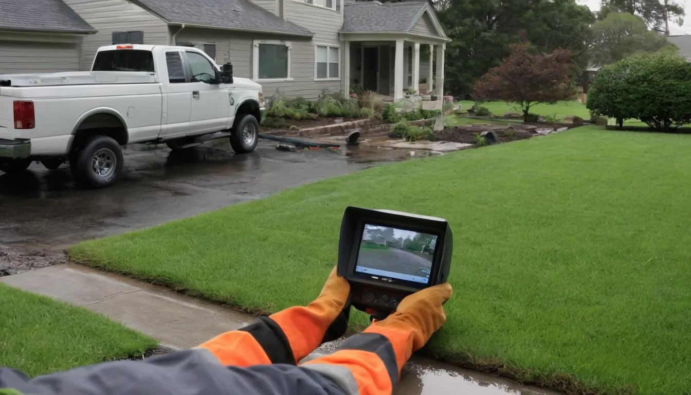 Provider reviewing a camera inspection screen with a homeowner beside an open sewer cleanout in a Minnetrista yard